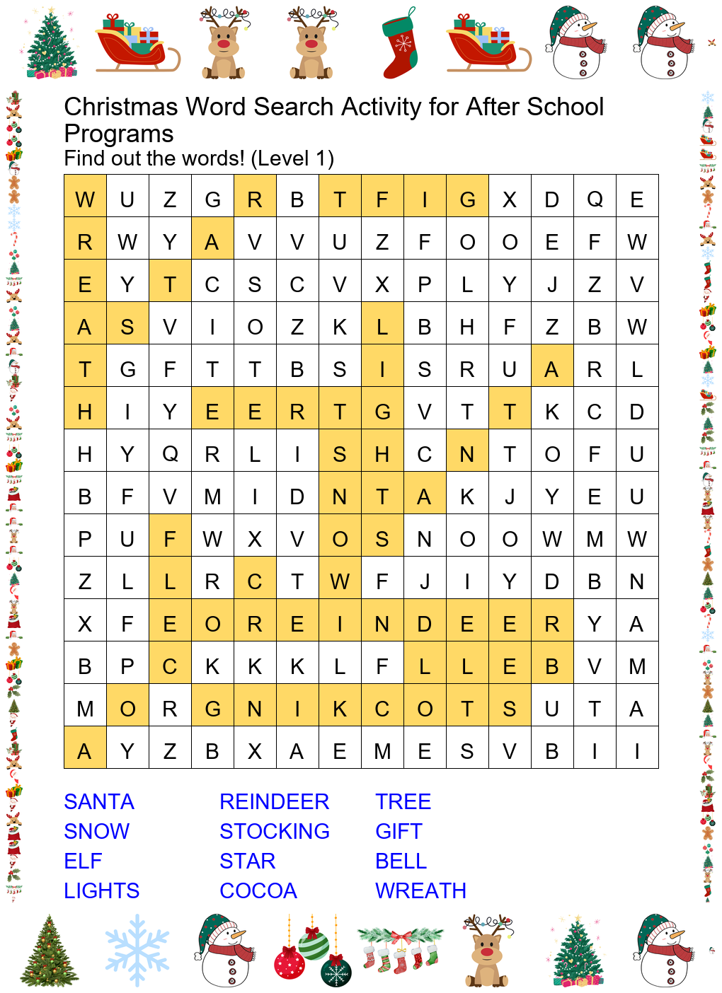christmas word search activity for after school programs answer key