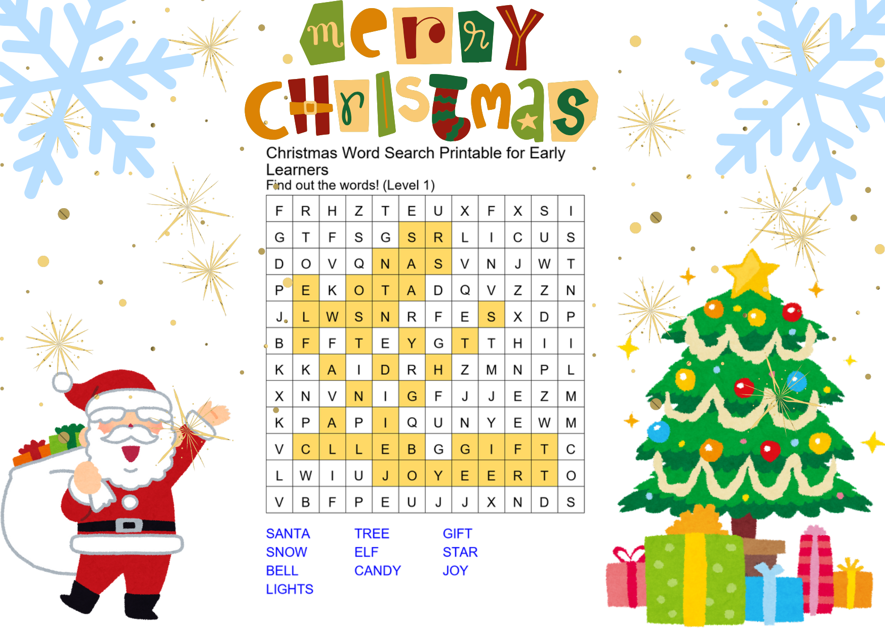 christmas word search printable for early learners answer key