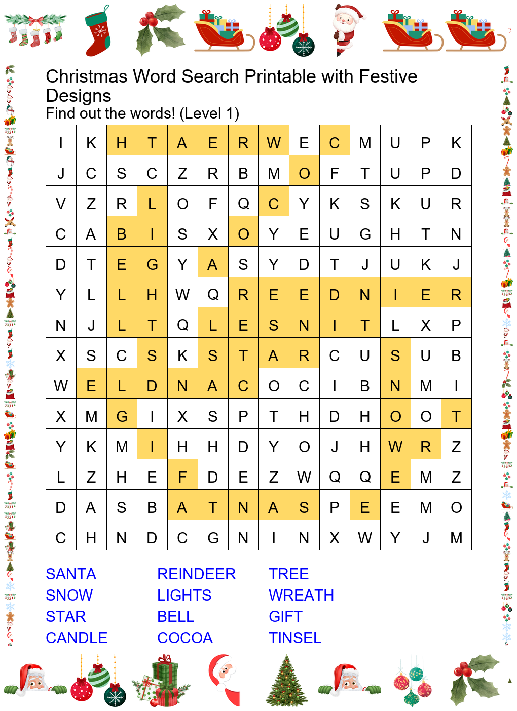 christmas word search printable with festive designs answer key