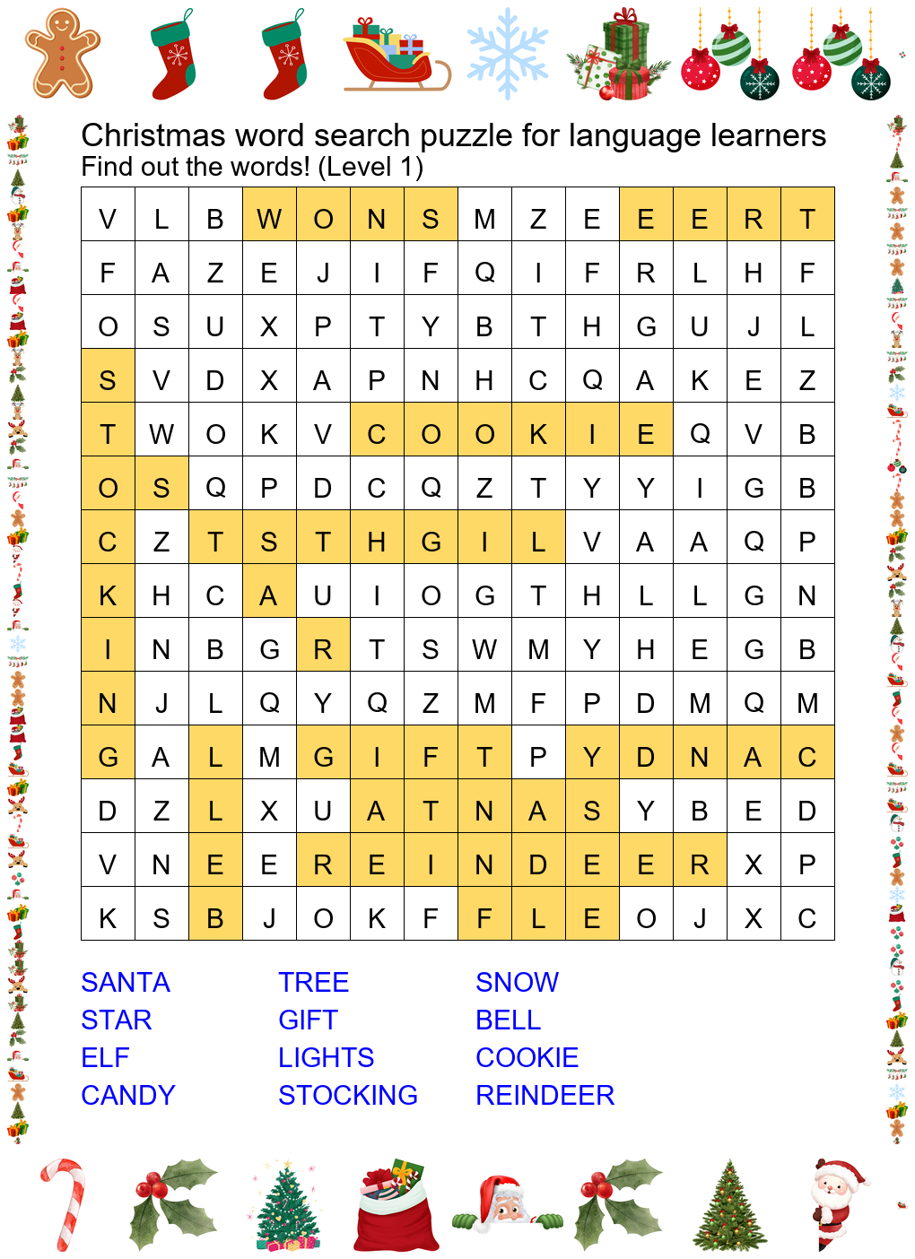 christmas word search puzzle for language learners answer key