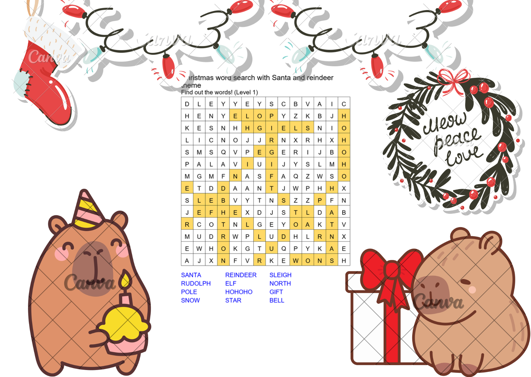 christmas word search with santa and reindeer theme answer key