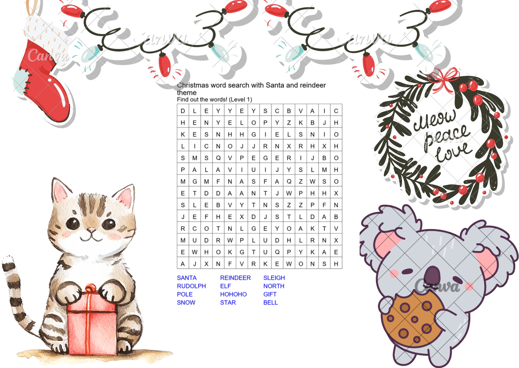 christmas word search with santa and reindeer theme preview