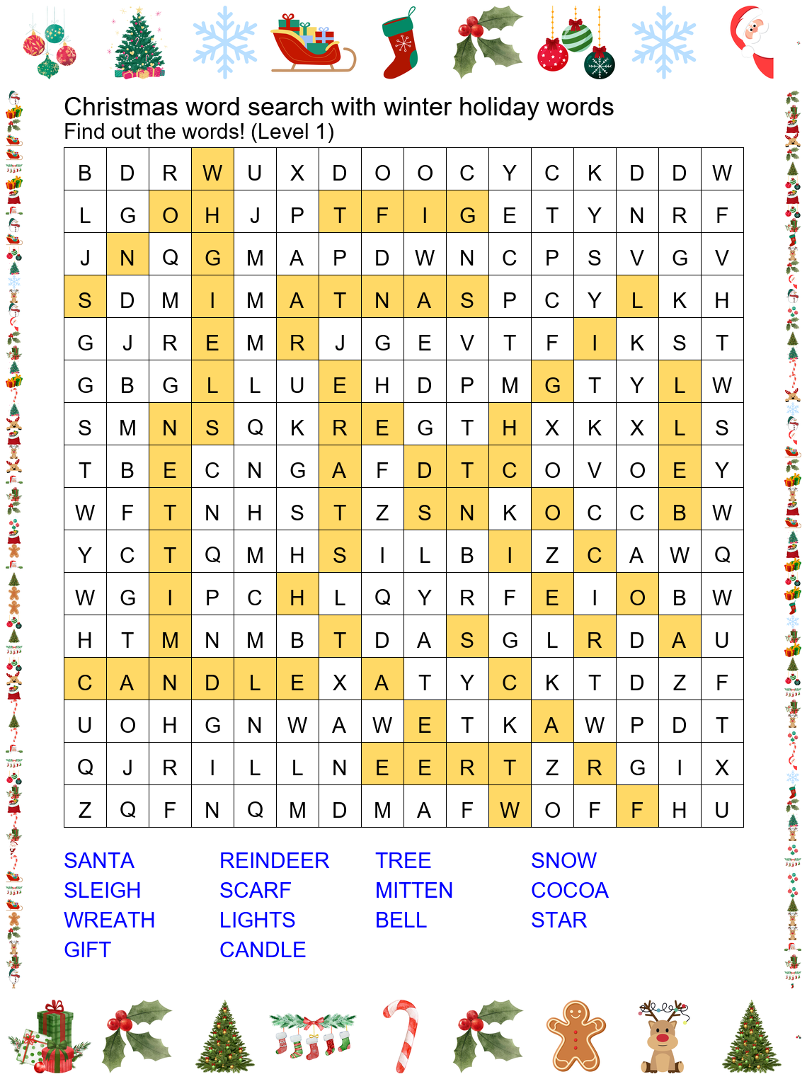 christmas word search with winter holiday words answer key