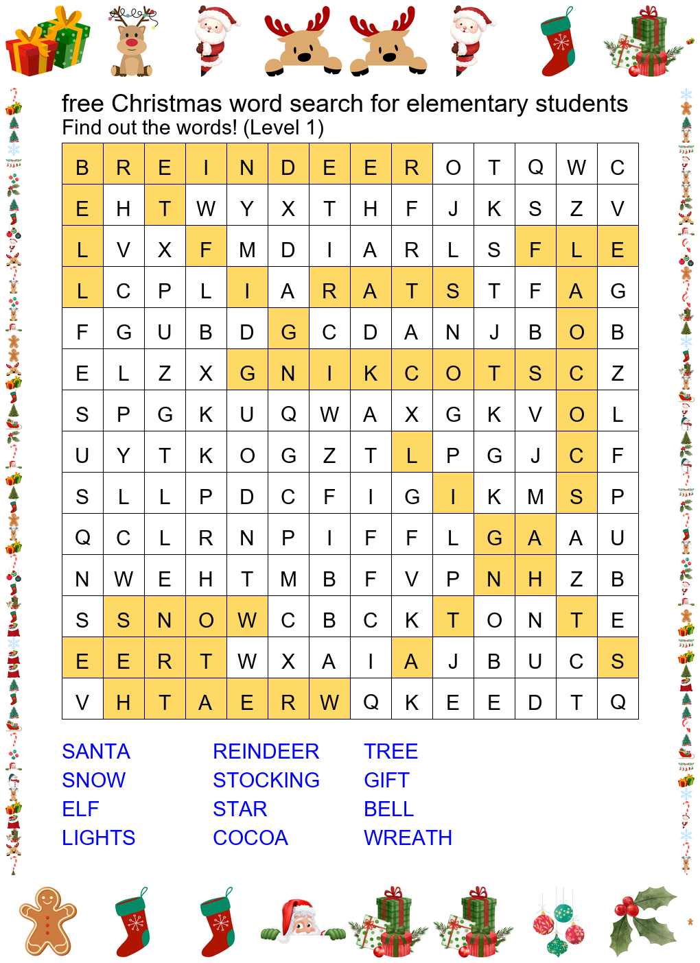 free christmas word search for elementary students answer key