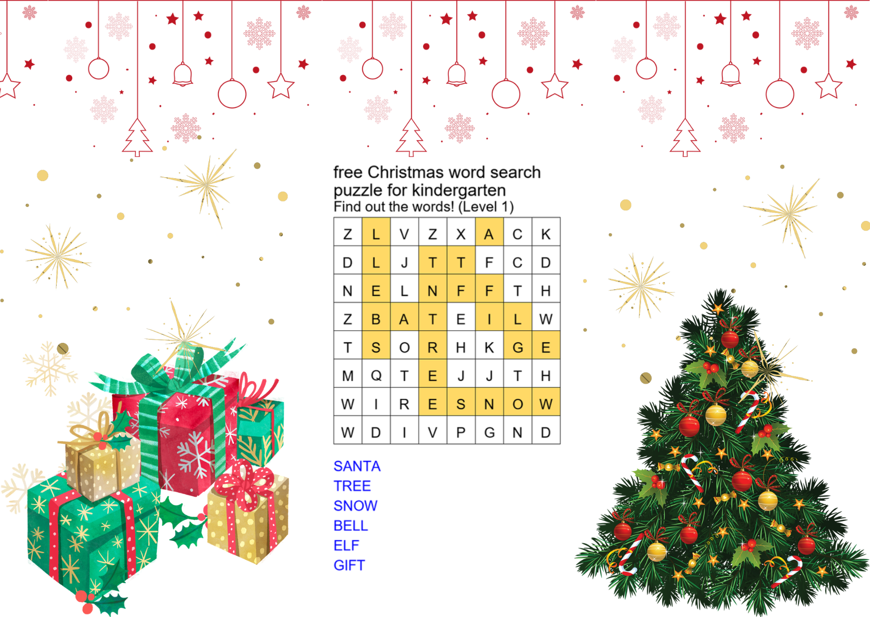 free christmas word search puzzle for kindergarten answer key