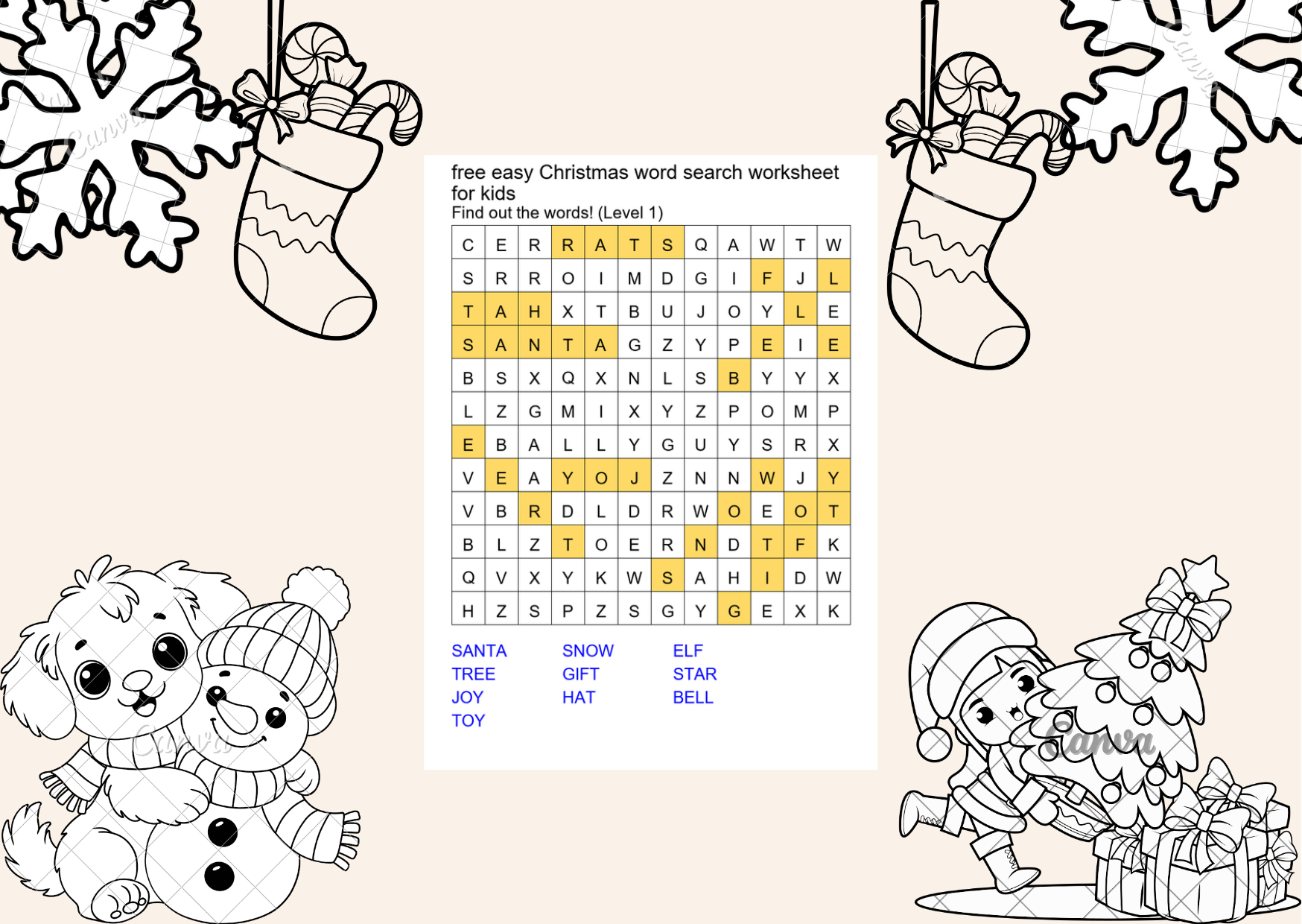 free easy christmas word search worksheet for kids answer key