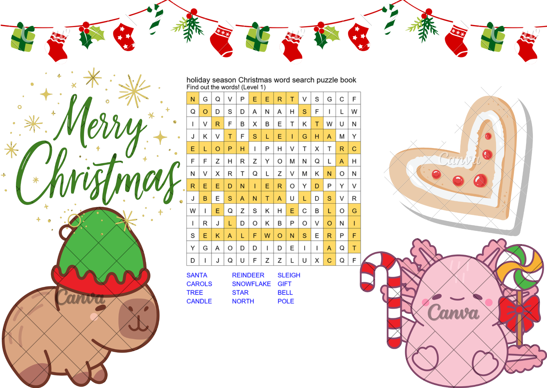 holiday season Christmas word search puzzle book answer key