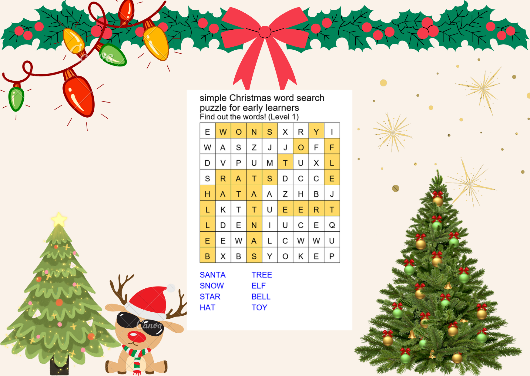 simple christmas word search puzzle for early learners answer key