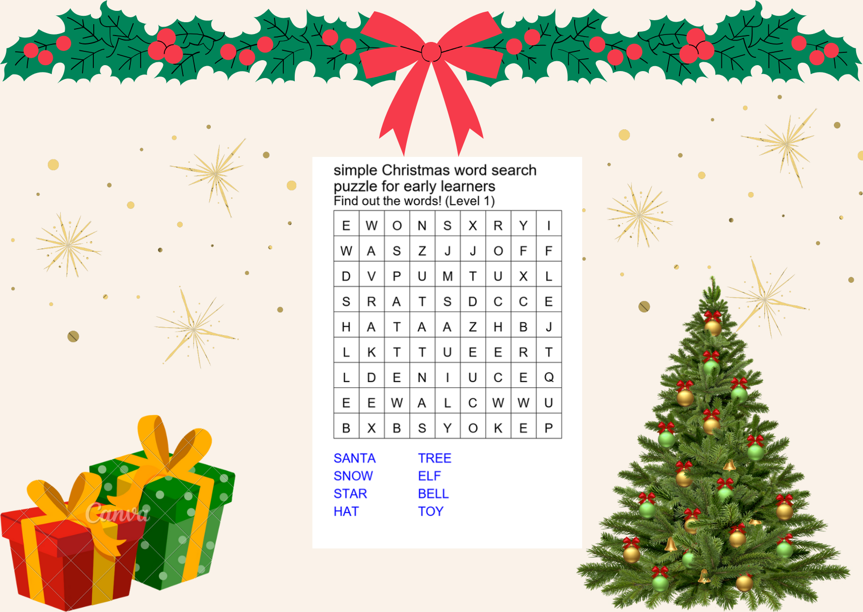 simple christmas word search puzzle for early learners preview