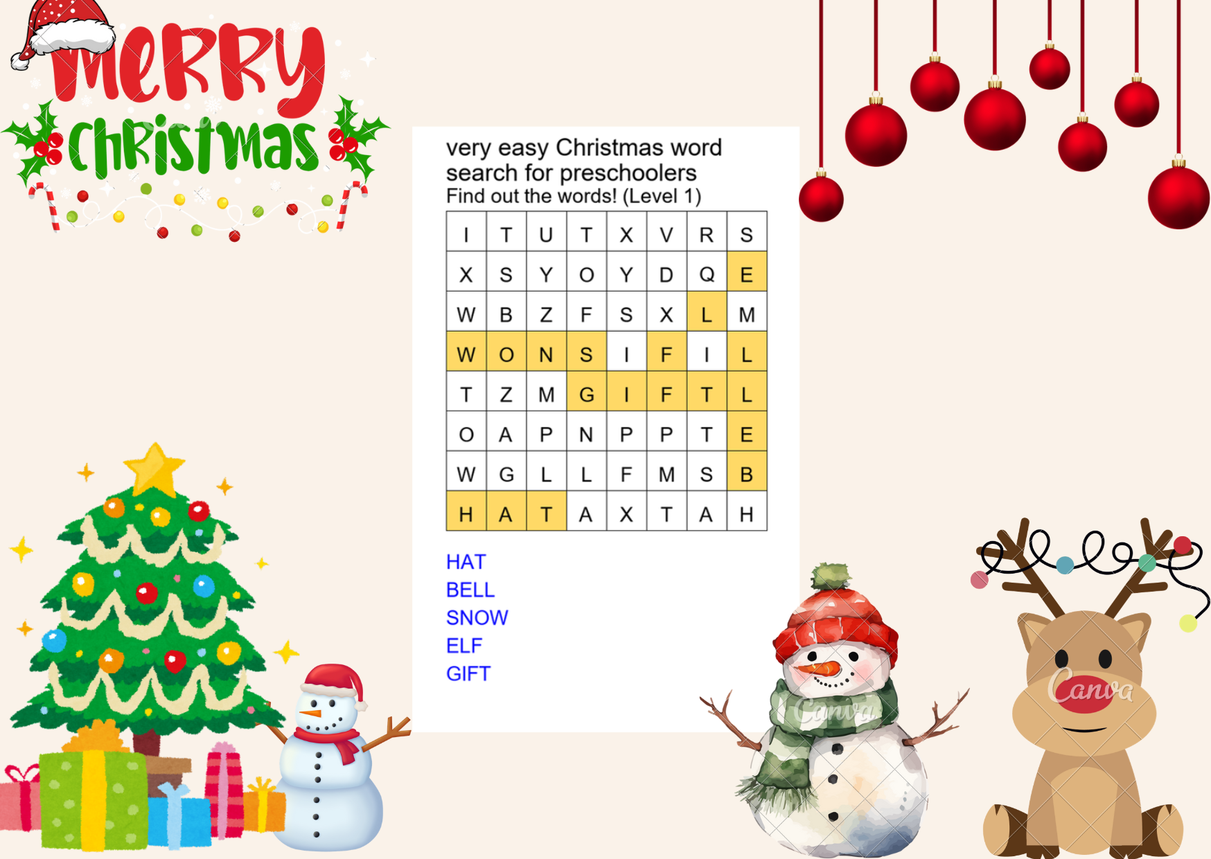 very easy christmas word search for preschoolers answer key