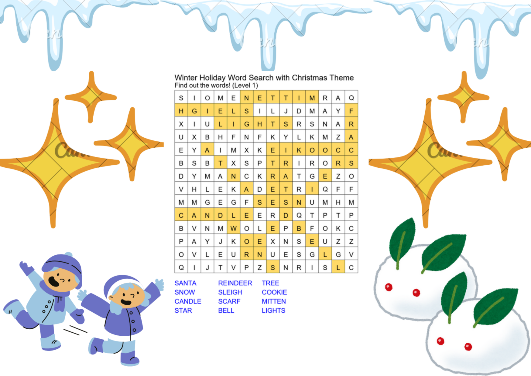 winter holiday word search with christmas theme answer key